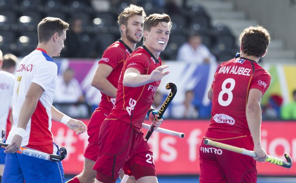 LONDON - Unibet Eurohockey Championships 2015 in London. Belgium v Russia. Belgium Tom Bon (m) has scored 2-0. WSP Copyright KOEN SUYK